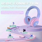 ADOOPE Wired Kids Headphones with USB C Plug, 85dB Safe Volume, Adjustable Headband, Tangle-Free Cord Headphones for School, Tablet, Travel (Light Purple & Pink, Without Microphone)