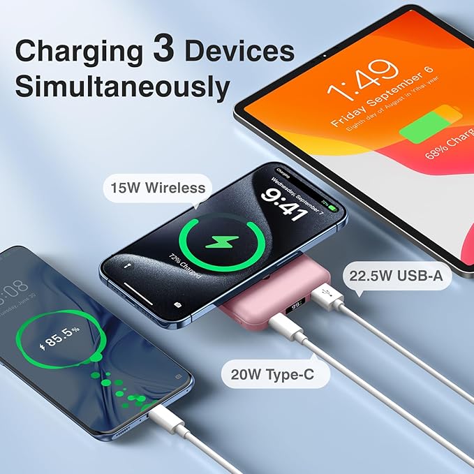 AOGUERBE for MagSafe Portable Charger, 10000mAh Magnetic Power Bank 22.5W Fast Charging, Mini Battery Pack Wireless with LED Display&Foldable Stand for iPhone 17/16/15/14/13/12 Series (Rose Pink)