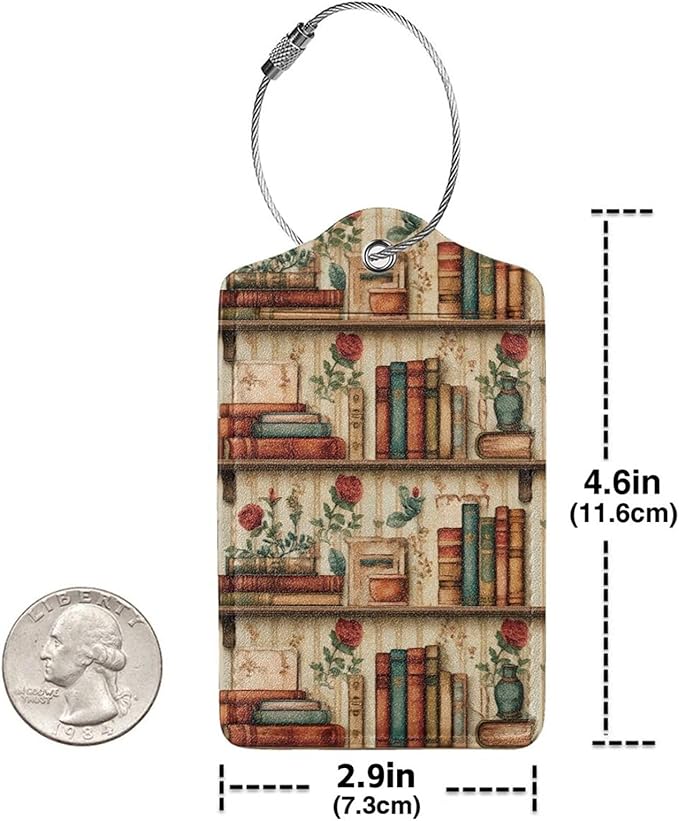 2 Pack Luggage Tags for Suitcases, PU Leather Bag Tag with Privacy Cover Address Card Travel Essentials-Bookshelf Flowers