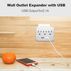 USB Wall Charger Socket Extender - Featuring 2 USB Charging Ports, 3 Outlet Plugs, Socket Adapter, Compact Travel Plug Extension, White