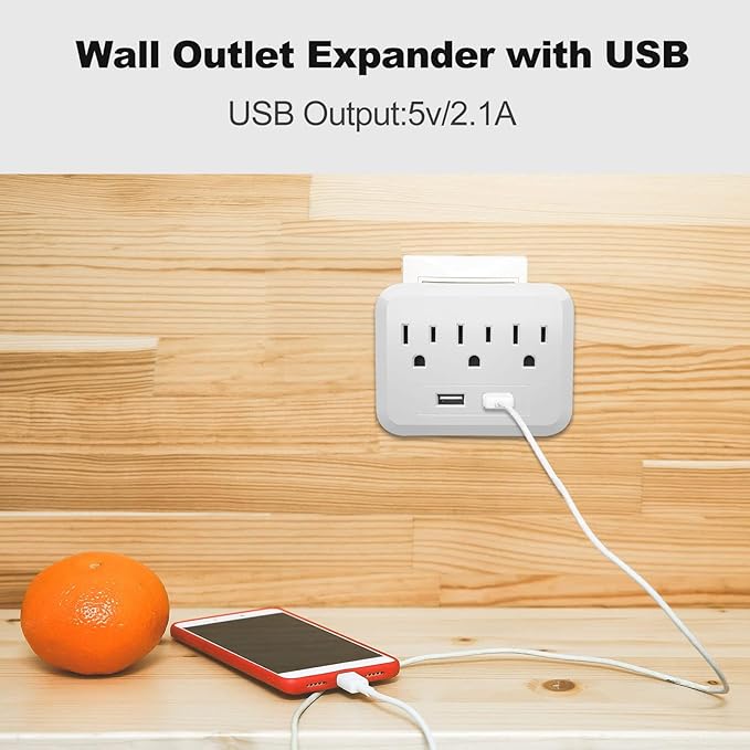 USB Wall Charger Socket Extender - Featuring 2 USB Charging Ports, 3 Outlet Plugs, Socket Adapter, Compact Travel Plug Extension, White