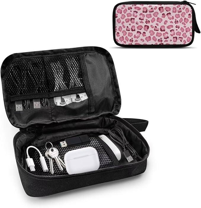 Pink Leopard Print Electronic Organizer Travel Case Portable Tech Pouch Electronics Case Storage Bag for Cable Cord Charger Phone Earphone