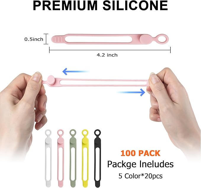 100Pcs Silicone Cable Ties Cord Organizer for Bundling Earphone, Phone Charger, Computer Cords, Reusable Cable Ties Wire Organizer in Home,Office,Kitchen,School (5 Colors)