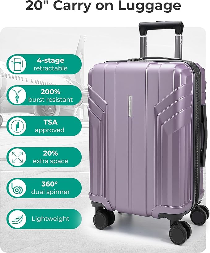 BAGSMART Expandable Carry On Luggage 22x14x9 Airline Approved, 20 Inch Travel Luggage with Spinner Wheels, Lightweight Hard Shell Suitcase Carry on Lavender Purple