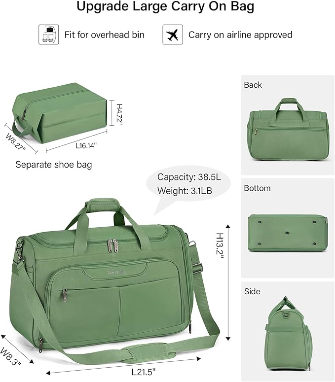 Hanke Large Capacity Travel Duffel Bag, Carry On Luggage with 12 Pockets, 17 Inch Laptop Compartment, Wet Dry Separation & Independent Shoe Bag, Foldable Duffel Bag for Women Men（Forest Green）