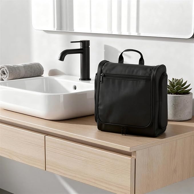 Amazon Essentials Waterproof Travel Toiletry Bag for Men and Women, Hanging Dopp Kit with Multiple Interior Pockets, 2 Side Pockets, Black, 10" x 4" x 10"