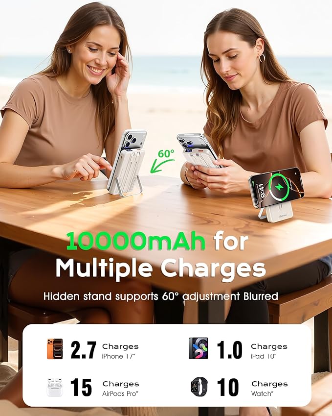 for Magsafe Portable Charger,10000mAh Magnetic Power Bank with Foldable Stand,PD22.5W Fast Charging with USB-C Cable,Wireless Portable Charger for iPhone 17/16/15/14/13/12 Series, Creamy White