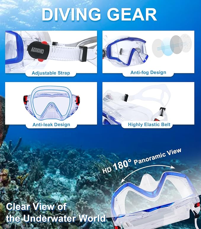 Aegend Snorkeling Gear for Adults Youth Kids, Snorkel Mask with Top Dry Valve - Panoramic View Anti-Leak and Anti-Fog with Mesh Bag for Snorkeling, Scuba Diving, Freediving & Swimming