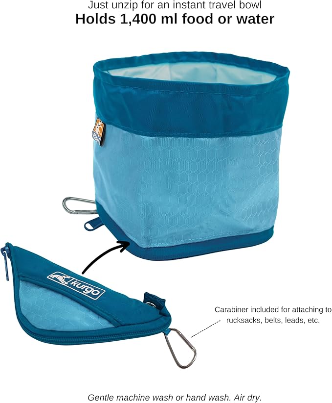 Kurgo Zippy Bowl for Dogs, Collapsible Travel Dog Bowls, Pet Food & Water Hiking Container, Food Grade Silicone, Travel Accessories for Pets, Includes Carabiner, Holds 48 oz (Coastal Blue)