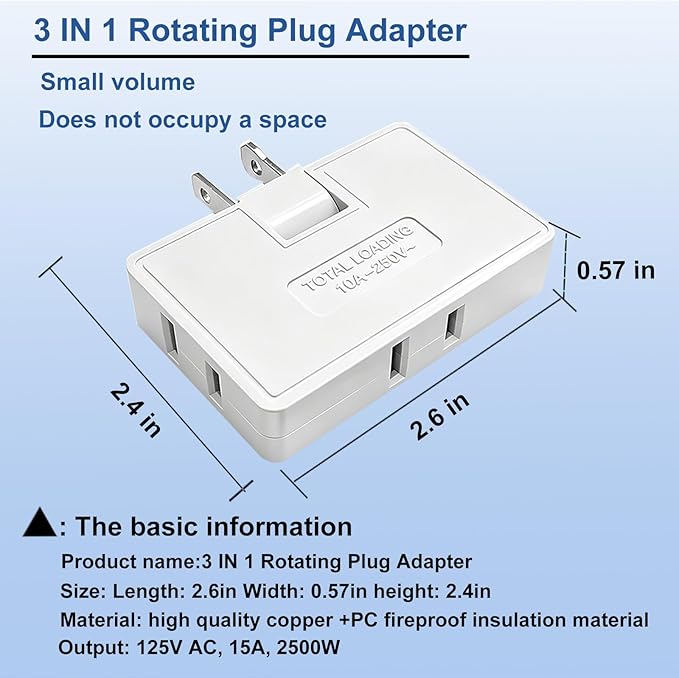 3 Way Flat Wall Outlet Extender,2 Prong180 Degree Portable Swivel Wall Tap Plug,Ultra Thin Folding Electrical Outlet Splitter (Easy Install),Type A,White,Pack of 2