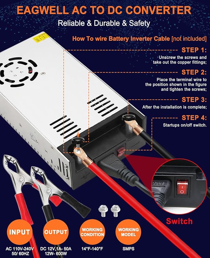 EAGWELL New Version 110V AC to 12V DC Converter 600W Power Supply 50A, Universal SMPS Transformer for RV, Pump, LED Strip, CCTV, Car Stereo,Diesel Heater