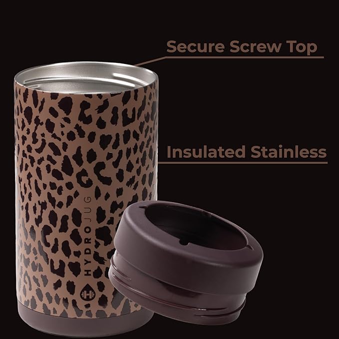 HydroJug Standard Can Cooler - 2-in-1 Insulated Can Cooler Cup - Stainless Steel Can Holder with Non-Slip Rubber Base - Screw-Top Lid - Dishwasher Safe - 16oz, Brown Leopard