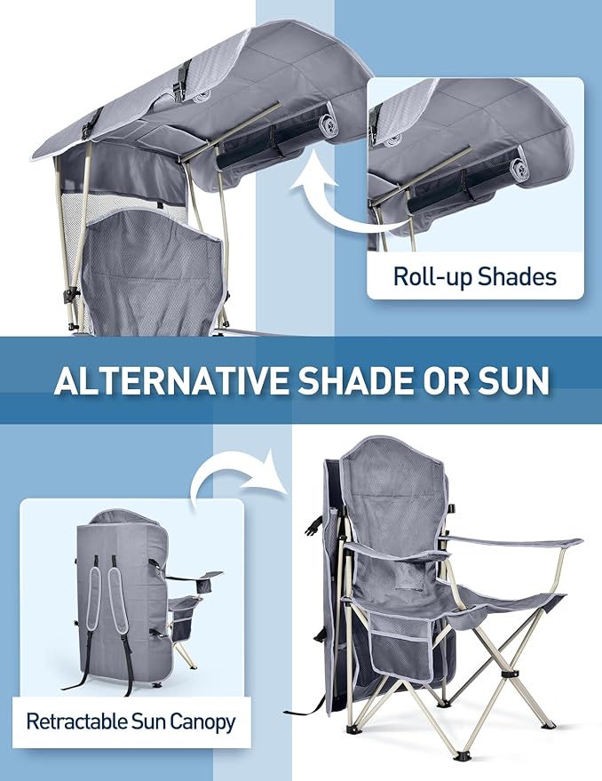 Docusvect Folding Camping Chair with Shade Canopy for Adults, Canopy Chair for Outdoors Sports with Cup Holder, Side Pocket for Camp, Beach, Tailgates, Fishing - Support 330 LBS