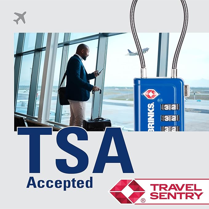 Brinks TSA Accepted Indicator Luggage Lock, Blue - Resettable 3-Dial Combination, 2.5 inch Long Cable Shackle, New More Secure TSA008 Key, 4 Pack
