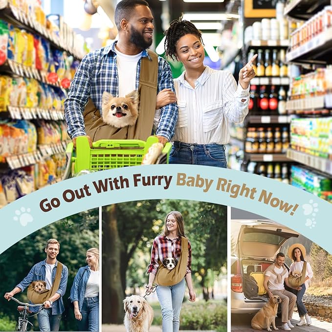 Pawaboo Small Dog Sling Carrier, Reversible Hands Free Dog Sling Carriers for Small Dogs and Cats, Puppy Slings Carrier with Safety Harness, Puppy Essentials, Khaki