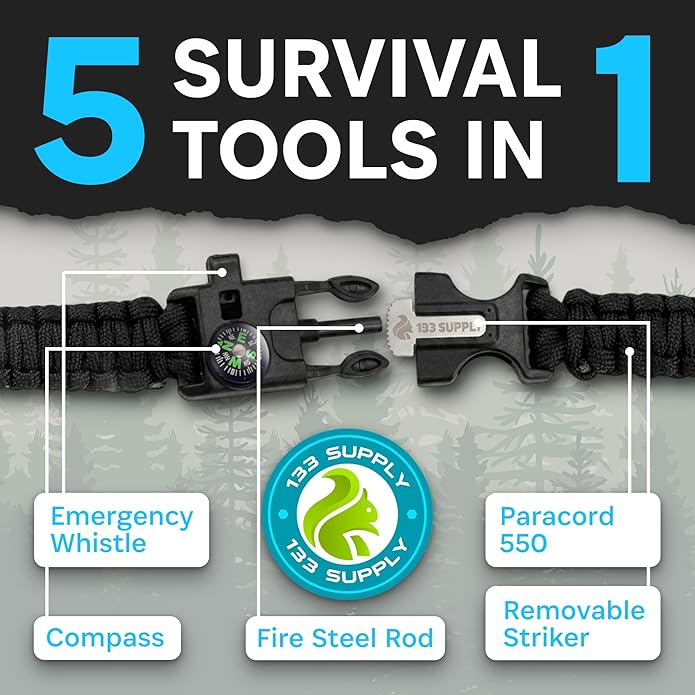 Paracord Bracelet Compass Hiking Survival Kit Emergency Whistle Fire Starter Camping Gear Hiking Essentials Fishing Hunting Accessories EDC Backpacking Gear Tactical Survival Gear Equipment