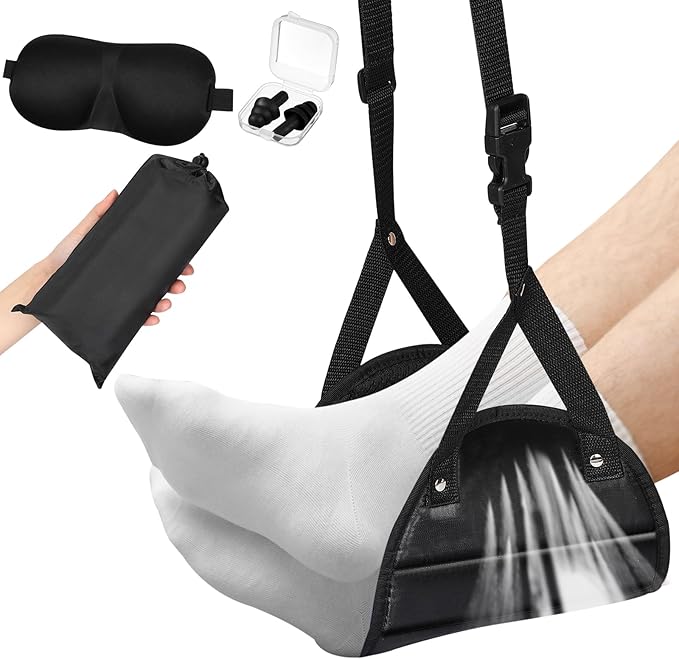 Yerliker Airplane Foot Hammock(Memory Foam) with Earplugs and Eye Mask Travel Necessities Adjustable Airplane Desk Foot Rest for Long Trip Pain and Swelling Relief(Black)