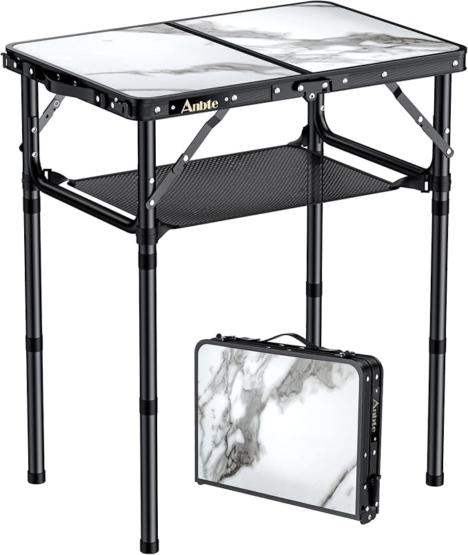 Anbte Folding Camping Table with Storage Net, 3 Adjustable Height Max 27.5" Aluminum Small Folding Table, Portable Table with Carry Handle, Lightweight, for Outdoor Indoor Travel Camping Picnic