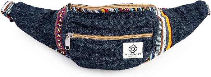 Freakmandu Eco-Friendly Boho Hippie Style Hemp Fanny Pack Blue Hip Waist Bag for Hiking Running Jogging (Azure)