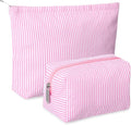 Huhumy 2 Pcs Makeup Bag Set Cute Cosmetic Pouch for Women Seersucker Travel Toiletry Bag Preppy Small Makeup Purse Pouch Aesthetic Skincare Brushes Storage Organizer for Valentine Women(Pink)