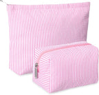 Huhumy 2 Pcs Makeup Bag Set Cute Cosmetic Pouch for Women Seersucker Travel Toiletry Bag Preppy Small Makeup Purse Pouch Aesthetic Skincare Brushes Storage Organizer for Valentine Women(Pink)