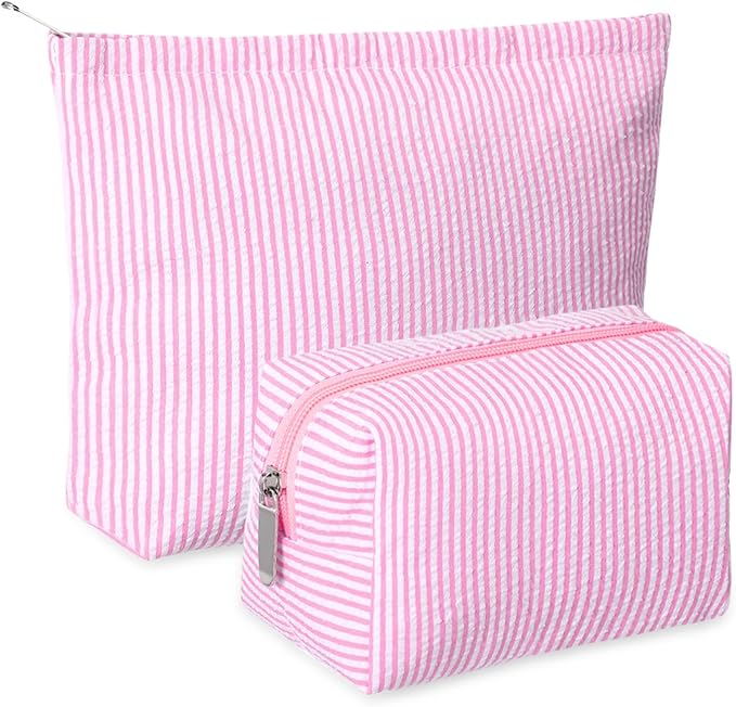 Huhumy 2 Pcs Makeup Bag Set Cute Cosmetic Pouch for Women Seersucker Travel Toiletry Bag Preppy Small Makeup Purse Pouch Aesthetic Skincare Brushes Storage Organizer for Valentine Women(Pink)