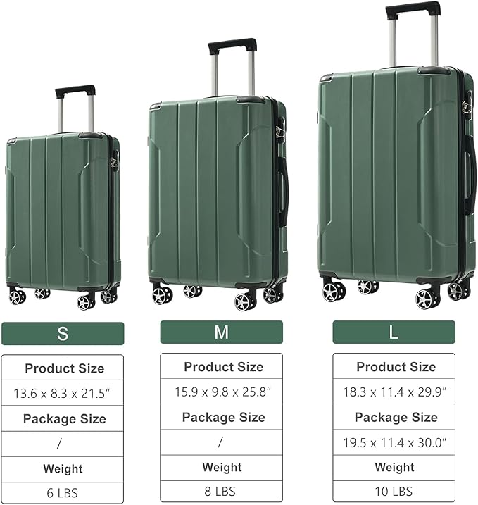 3 Piece Luggage Set, Hardside Suitcase with Spinner Wheels, TSA Lock & Expandable Hard Shell, Carry on and Checked Luggage for Travel, Maletas de Viaje for Men & Women(Green 3 Sets, 20/24/28")