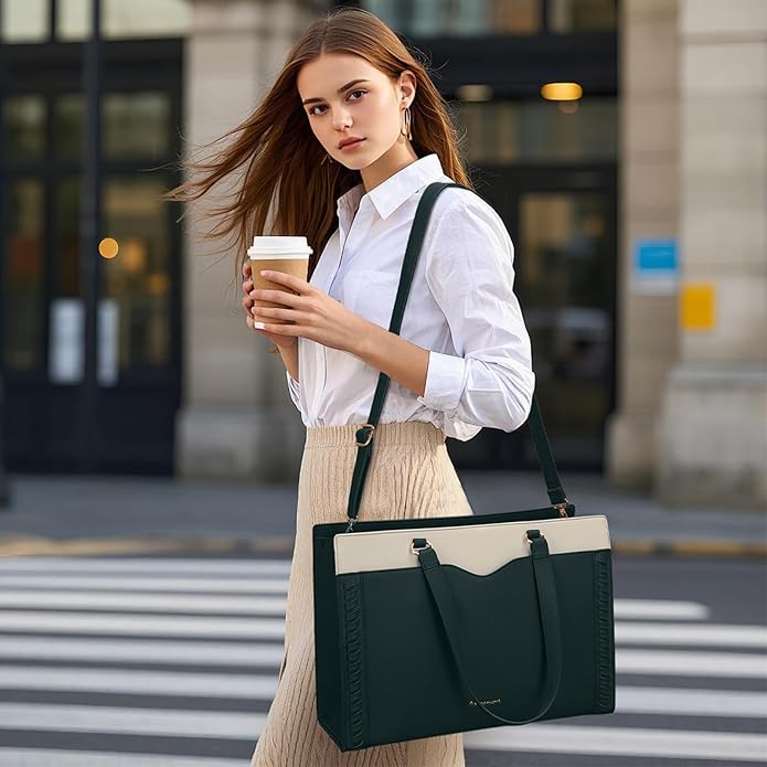 RAINSMORE Laptop Bag for Women 15.6 Inch Work Tote Bag with Detachable Strap & Bow Professional Laptop Tote with Cup Holder
