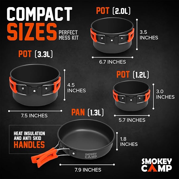Smokey Camp Camping Cookware Mess Kit Set with Stove - Backpacking Camping Pots and Pans Set, All in One Non-Stick Camping Cooking Set, Portable Stove, Hiking, Picnic, Outdoor & Camping Cookware Set