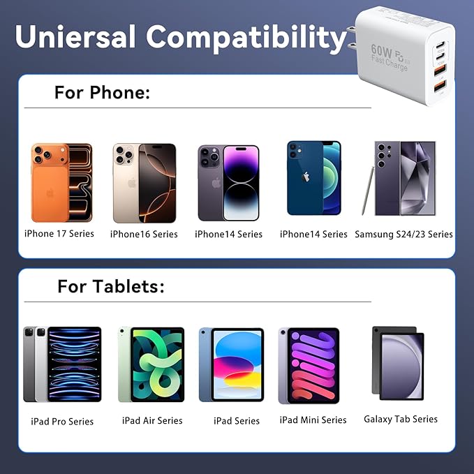 USB C Wall Fast Charger Block, 60W 4-Port Type C Charger Fast Charging Blocks +QC 3.0 USB C Multiport Charger Brick for Phone 16/15/14/13/12 Pro Max, Pad, Galaxy S24/23