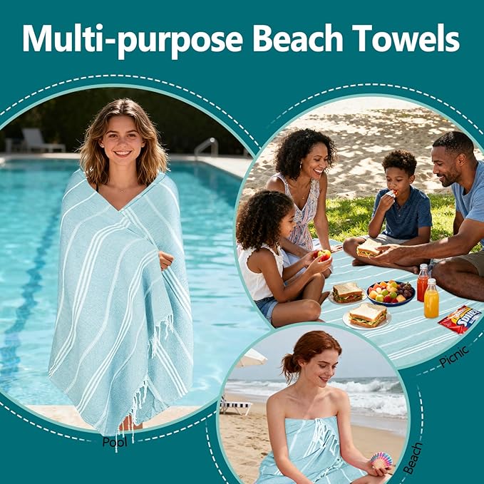 YSYJ 24 Pack Turkish Beach Towel 36"x71" Beach Towels Oversized Bath Towels Sand Free Quick Dry Turkish Towel Bulk Extra Large Pool Blanket Blue