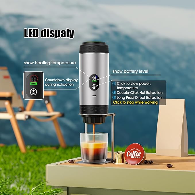 6-in-1 Portable Electric Espresso Machine–20Bar Self‑Heating camping coffee maker with 7500mA Battery,Display,compatible with Large/Small Capsules&Coffee Powder for Travel,Camping,Car&Office