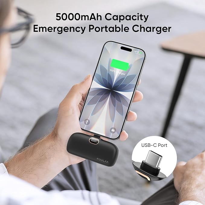 Kuulaa Portable Phone Charger with Built-in USB-C Plug, 5000mAh Mini Portable Charger Power Bank Small Battery Pack for iPhone 15/16/17 Samsung S24/S23 & Android (Black)