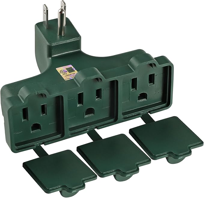 3 Outlet Outdoor Wall Adapter, UL Listed 3-Prong Grounded Outlet Splitter, Weatherproof Heavy Duty Multi Outlet Power Plug Extender with Dust-Proof Cover, Green (1 Pack)