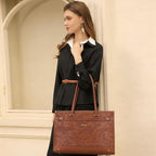 MOSISO Laptop Tote Bag for Women, 15.6 inch Large Capacity Vintage Leather Work Bag with Clutch Purse, Front Embossed Retro Hibiscus Shoulder Computer Bags Work Briefcase for Office Casual, Brown
