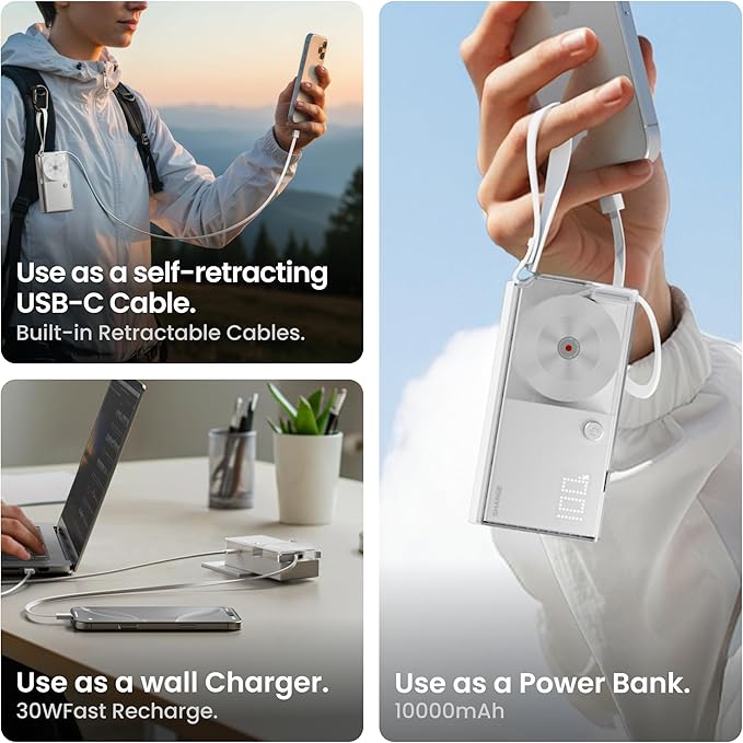 sharge 3 in 1 Portable Charger with Built-in Retractable Cables 10000mAh Power Bank, 30W Max Travel Essentials Battery Pack Fast Charging Powerbank for iPhone 17/16 and More