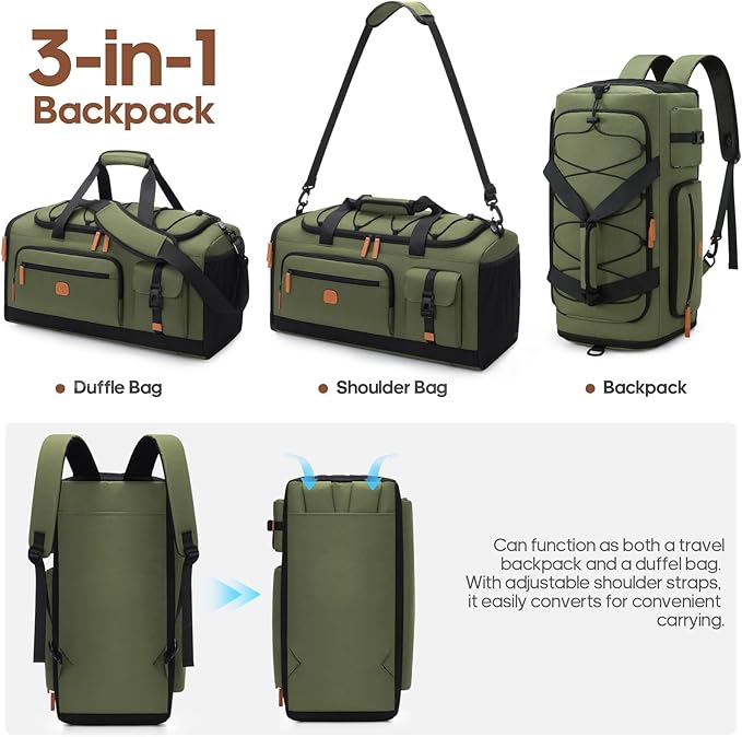 Gym Bag for Men and Women with Shoe & Laptop Compartment, 3-in-1 Sports Travel Duffel Bag Anti-Theft Weekender Carry-on Backpack for Airplane & Workout, Overnight Travel Bag, 35L, Green, Medium