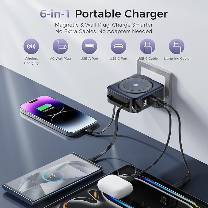 6-in-1 Magnetic Wireless Portable Charger 10000mAh – 22.5W Fast Charging with AC Wall Plug Built-in USB-C & Lightning Cables for iPhone 17/16/15/14/13/12, Android & Samsung(Deep Blue)