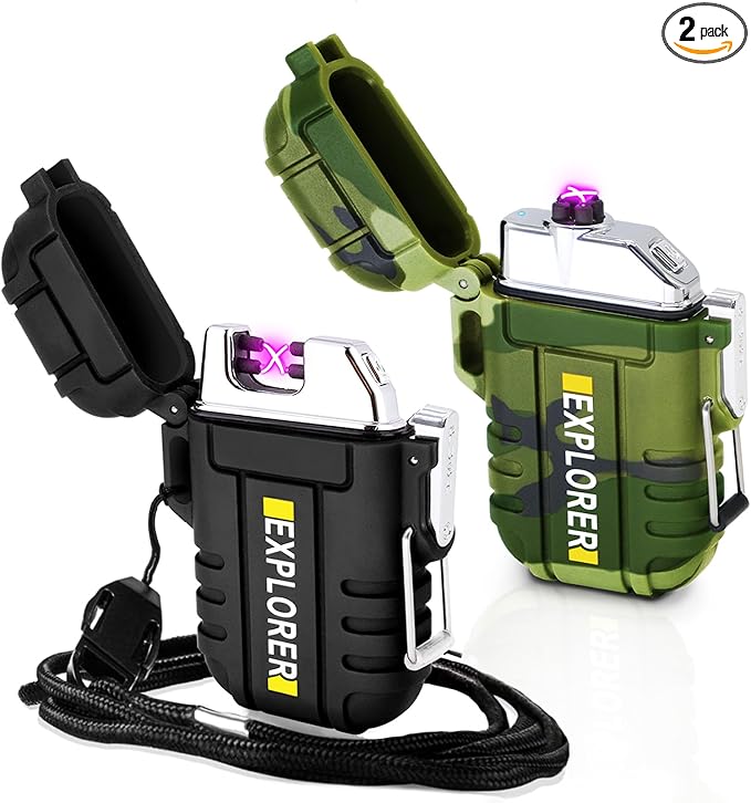 2 Pack Waterproof Lighter Outdoor Electric Lighters Dual Arc Windproof Lighters USB Rechargeable Flameless Plasma Lighter Camping Hiking Adventure Survival Tactical Gear