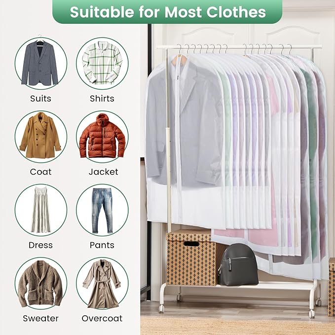 Carbrea Translucent Garment Bag - 15 Packs Garment Bags for Hanging Clothes Dress Bag Suit Bags for Closet Storage Travel - 24" x 40"/47"/55"