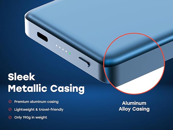 X Blade 10K Slim Magnetic Power Bank - 10000 mAh - MagSafe Portable Charger for iPhone and Samsung, Wireless Fast Charging USB-C PD 20W, Ultra Thin Metal Design, Metallic Blue