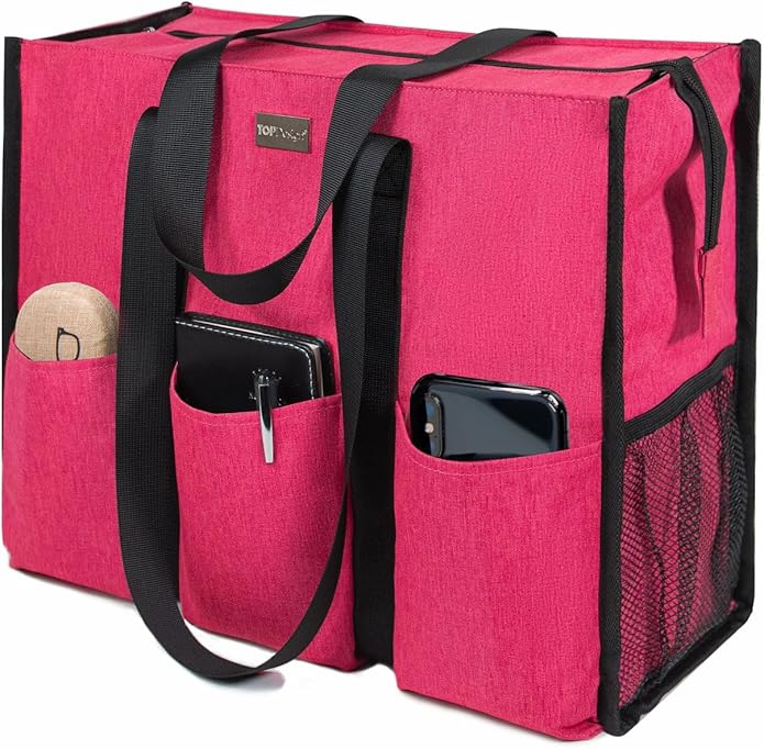 TOPDesign Utility Water Resistant Tote Bag with 13 Pockets, Top Zipper Closure & Thick Bottom Support, for Working Women