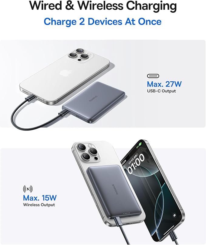 Baseus Picogo Magsafe Portable Charger, Qi2 15W 0.5" Ultra Slim 10000mAh Wireless Power Bank, Bundle with Power Bank Fast Charging 67W, 10000mAh Small Portable Charger Built-in Dual USB C Cable
