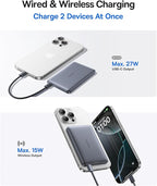 Baseus Picogo Magsafe Portable Charger, Qi2 15W 0.5" Ultra Slim 10000mAh Wireless Power Bank, Bundle with Power Bank Fast Charging 67W, 10000mAh Small Portable Charger Built-in Dual USB C Cable