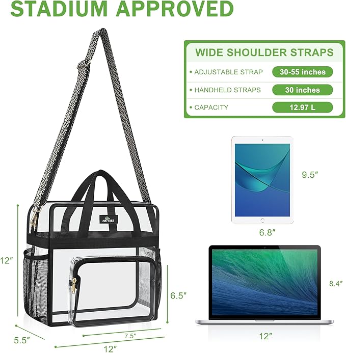 MAY TREE Clear Bag for Stadium Events, 12×6×12 Clear Tote Bag with Removable Strap, Transparent Bag for Concert Sports Gym, Wave-Strap