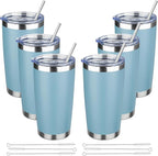 20 oz Tumbler with Lids and Straws, Stainless Steel Insulated Travel Coffee Mug, Double Wall Vacuum Insulated Tumblers, Powder Coated Coffee Tumbler for Cold & Hot Drinks (Maya Blue, 6 Pack)