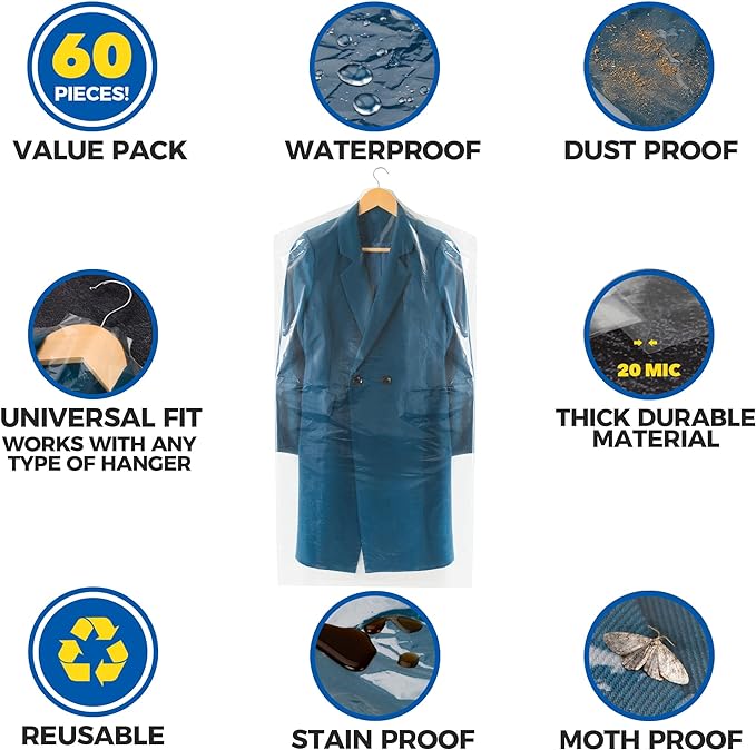60-Pack Dry Cleaning Bags for Clothes 40-Inch Long - Clear Plastic Garment Bags for Hanging Clothes, Dry Cleaner Plastic Clothing Cover for Suits, Coat, Shirt, & Pants