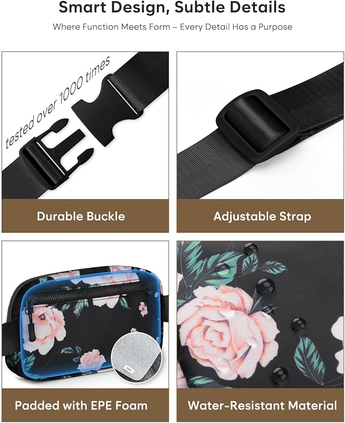Pritent Fanny Packs for Women Cross Body Bag Waterproof Belt Bag with Adjustable Strap and Zipper Back Pocket Small Crossbody Bags Fashion Waist Packs for Workout Travelling(Flower Print)