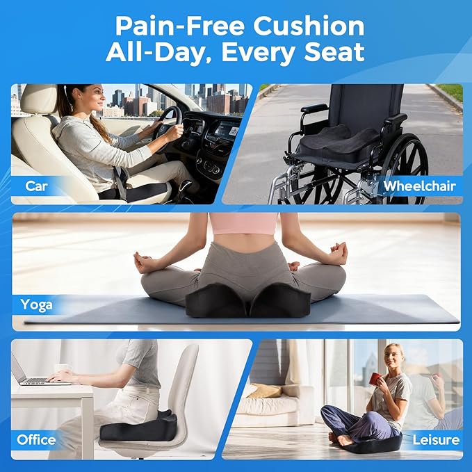 Niceeday Seat Cushion for Office, Car & Wheelchair - Premium Memory Foam with Ergonomic U-Shape Design - Enhanced Comfort for Tailbone, Hip & Sciatica Support, Non-Slip Base & Machine Washable Cover