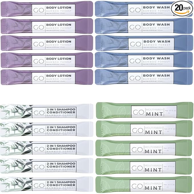 GO Essentials - Men and Women Travel Kit that contains Travel Size Shampoo and Conditioner Set, Mouthwash, Body Wash, and Travel Size Body Lotion Bulk Travel Size Toiletries, Guest and Hotel Supplies